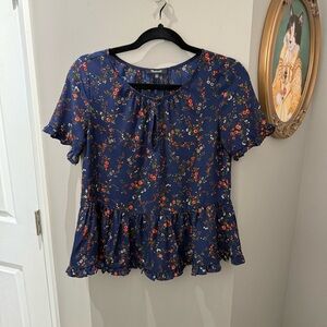 Madewell Stanza Ruffle Hem Floral Silk Blue Top-XXS
